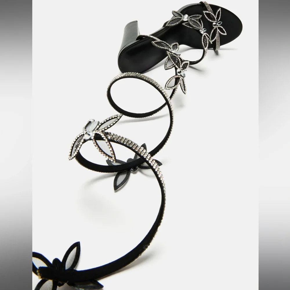 FASHIONNOVA Black/Silver Never Bend In Butterfly Wrap Around Heeled Sandals - Picture 2 of 7